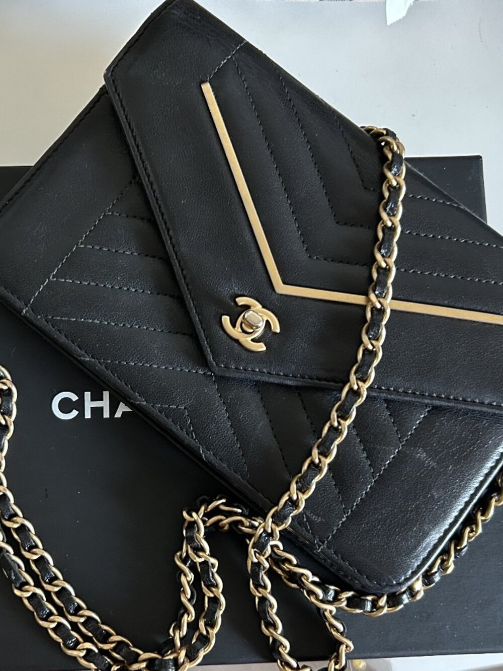 CHANEL Lambskin Reversed Chevron WOC Wallet on Chain Black